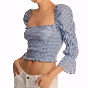 Aqua Smocked Top Square Neck Ruffle Trim Blouse Blue White Striped Size Large